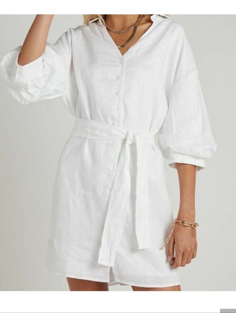 DISSH White Button-Front Linen Shirt Dress with Belt AU8 US4